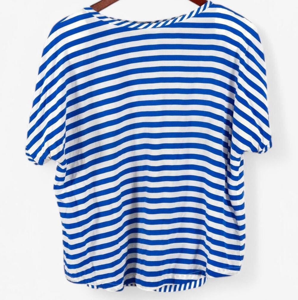 Ellen Tracy Silk Striped Top Nautical Preppy Blue White Size 14